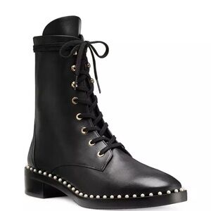 NIB Stuart Weitzman Sondra Leather Combat Pearl Embellished Booties